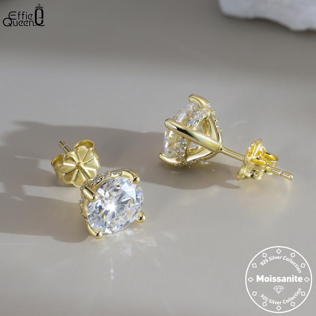 Effie Queen 925 Pure Silver 14k Gold 0.5ct /1ct /2ct Four Prong Moissanite Stud Earrings Banquet Jewelry for Women Gift MOE10