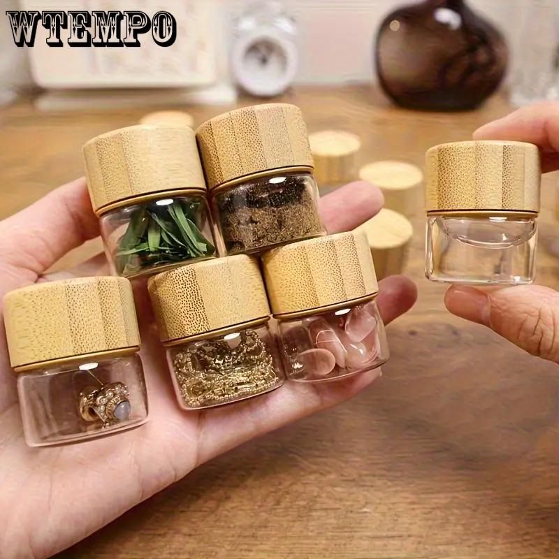 WTEMPO Mini Glass Bottles with Elegant Wood Grain Lids Compact Travel Kitchen Storage Containers for Nail Art Earrings Glitter Decorative Jars