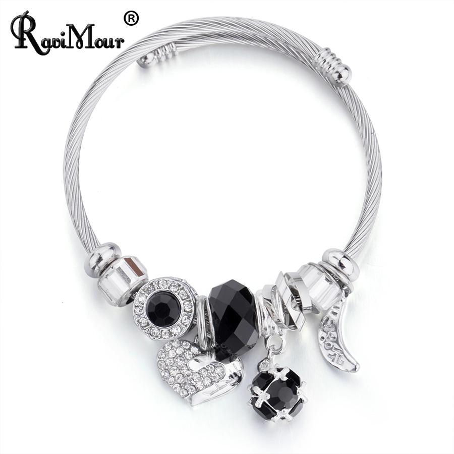 RAVIMOUR Love Heart DIY Bracelet Crystal Bead Charms Bracelets & Bangles Fashion Indian Jewelry Steel Chain Wristband Gift