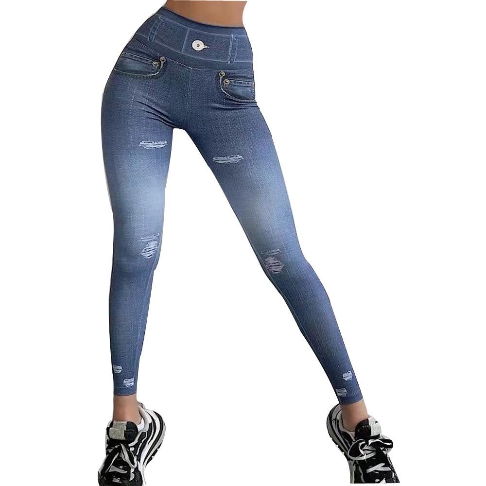 Pantaloni de Yoga Femei Imprimați Denim Skinny cu Ridicare Fese Pantaloni de Jos Uscare Rapidă Talie Înaltă Elastic Alergare Sport Fitness