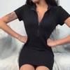 Women's Spring  Cross Border European and American Dress Sexy Wrap Hip Skirt Short Sleeve Zipper Miniskirt
