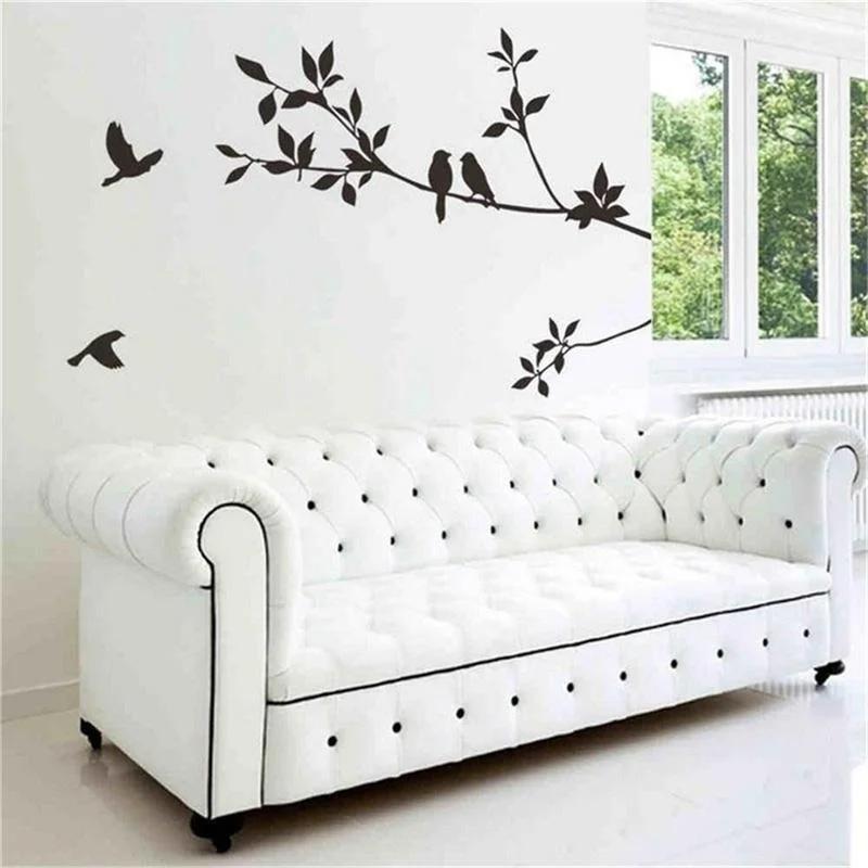 60*24cm Birds Tree Branch Leaves DIY Art Wall Stickers Removable Vinyl Living Room Decal (Color: Black)