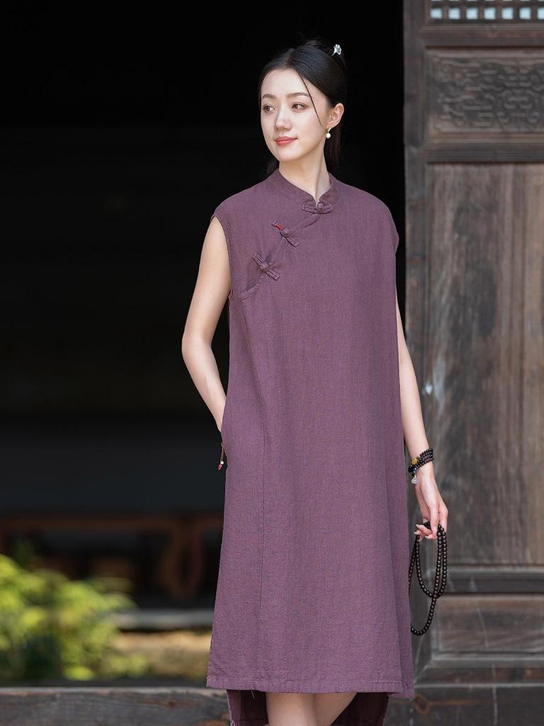 Spring 2026 Original Chinese Frog Button Cotton Linen Cheongsam Dress - Sleeveless, Stand Collar, Ramie Sand Wash