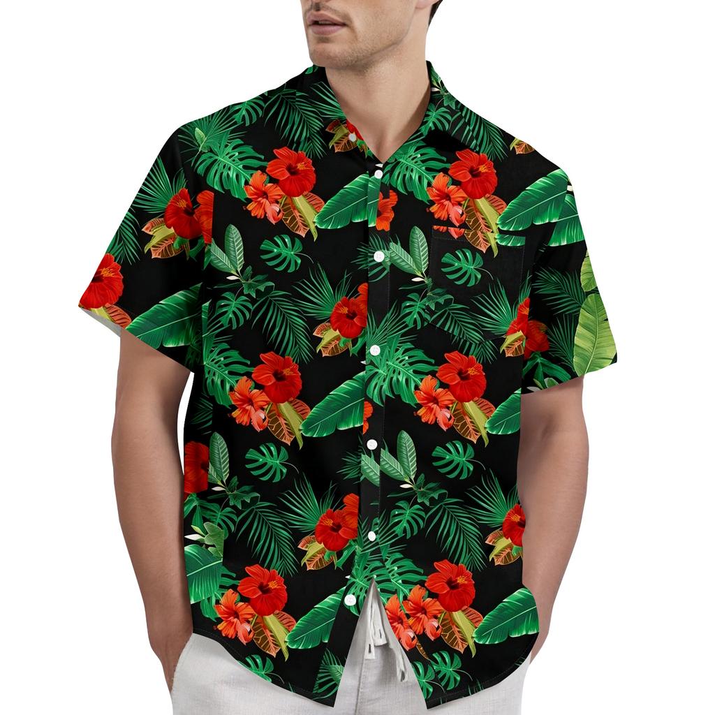 Men's Casual Short Sleeve Button Down Shirt Tropical Floral Leaf Print Lightweight Breathable Fabric Comfortable Fit