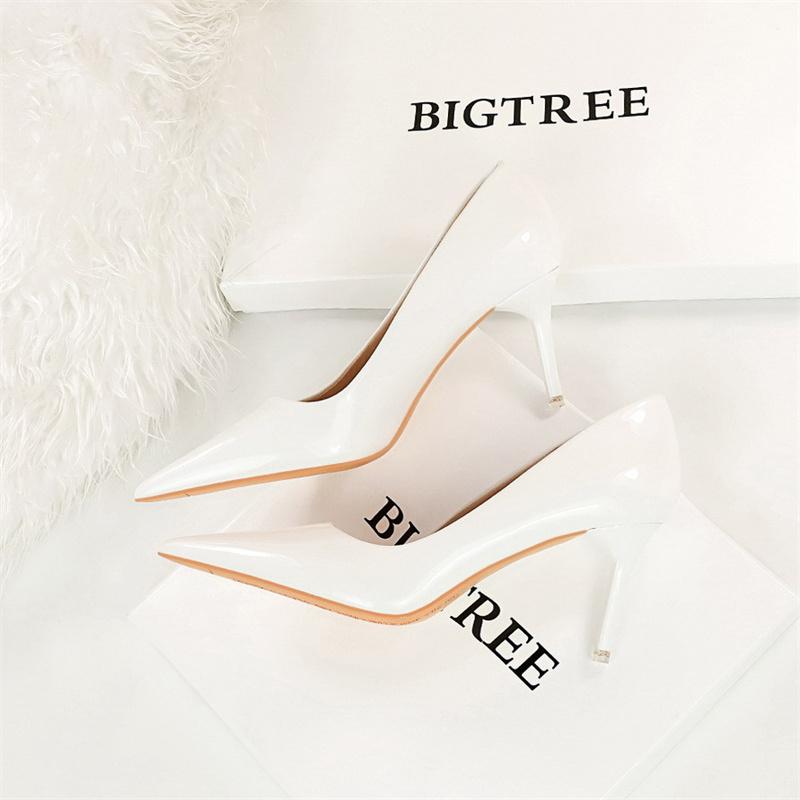 Fashion Simple Patent Leather Thin High Heel Women Pumps Spring Autumn Shallow Mouth Pointed Toe Slimming Single Shoes
