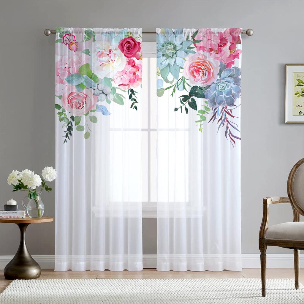 Romantyczna Różana Kwiatowa Żółte Kwiaty Przezroczysta Woalowa Zasłona do Salonu Domowej Kuchni Zielone Liście Motyl Okienna Tiulowa Zasłona