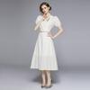 Designer Runway 2 Piece Set Women Embroidery V-neck Puff Sleeve Short Tops and A-Line Long Midi Skirt Office Work Outfits