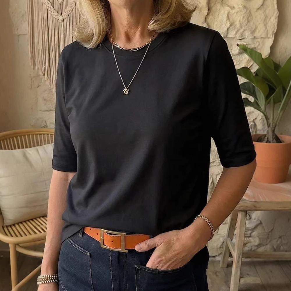 Women Comfort Versatile T-Shirt, Casual Round Neck Shoulder Short Sleeve Top for Inner & Outer Wear