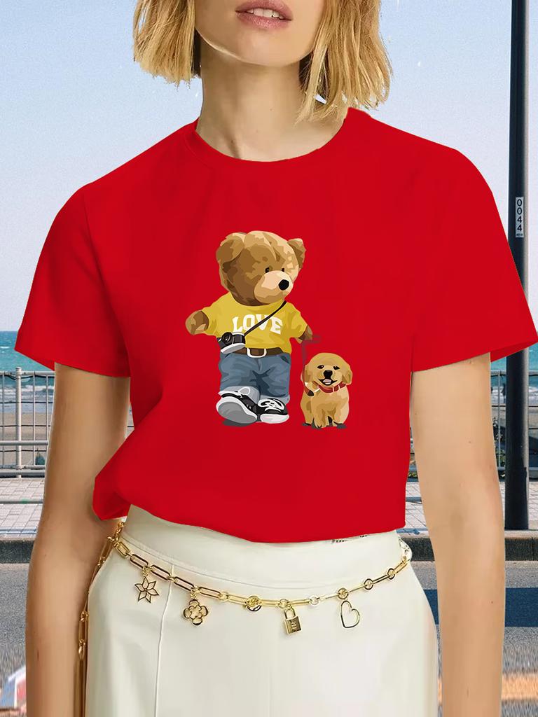 Summer and Spring Women's Short Sleeved Round Neck Casual Top T-shirt with Teddy Bear Pattern Women Clothing Y2K Top Harajuku