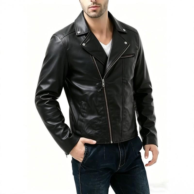 Mens PU Leather Biker Jacket With Notched Collar Slim Fit Fashion Coat In Burgundy Black