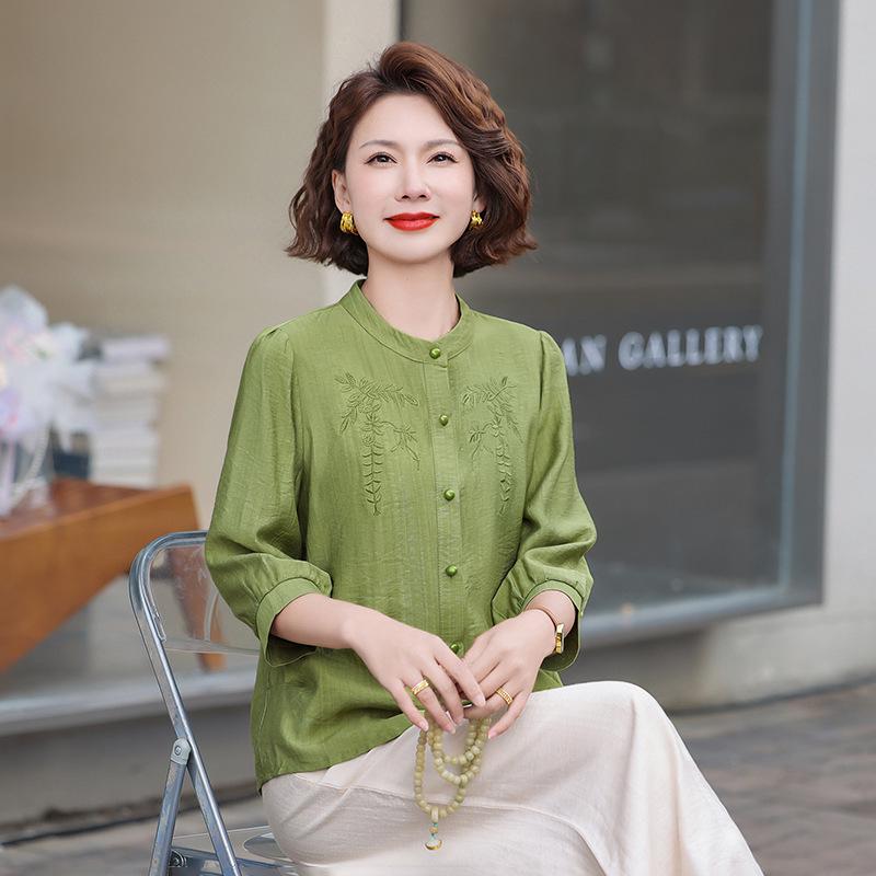 

2026 Cotton Linen Mid-Sleeve Top for Stylish Middle-Aged Women 5XL (recommended 150-165 jin) зелений