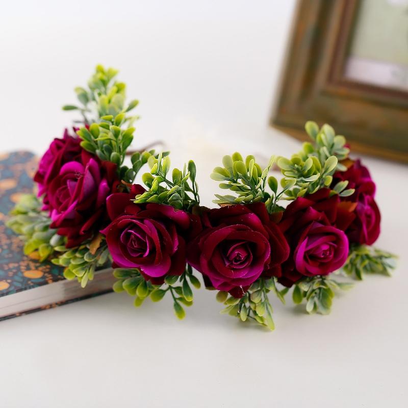 Adjustable Floral Garland Handmade Rose Flower Wreath Headband with Ribbon for Wedding Festival Travelling Photo Props