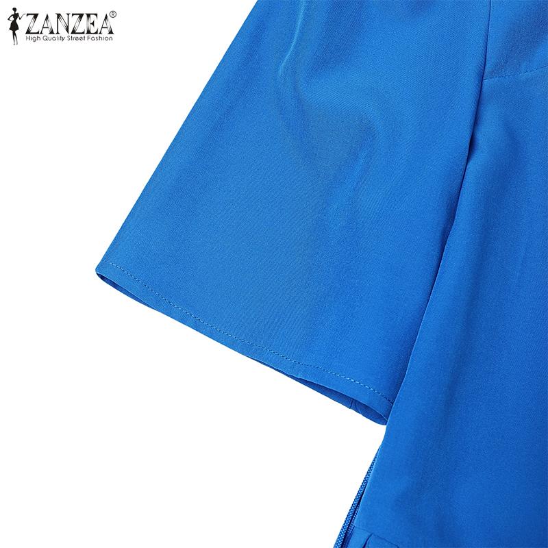 ZANZEA Vestido Casual de Verano para Mujer de Cuello Redondo y Manga Corta con Pliegues de Color Sólido