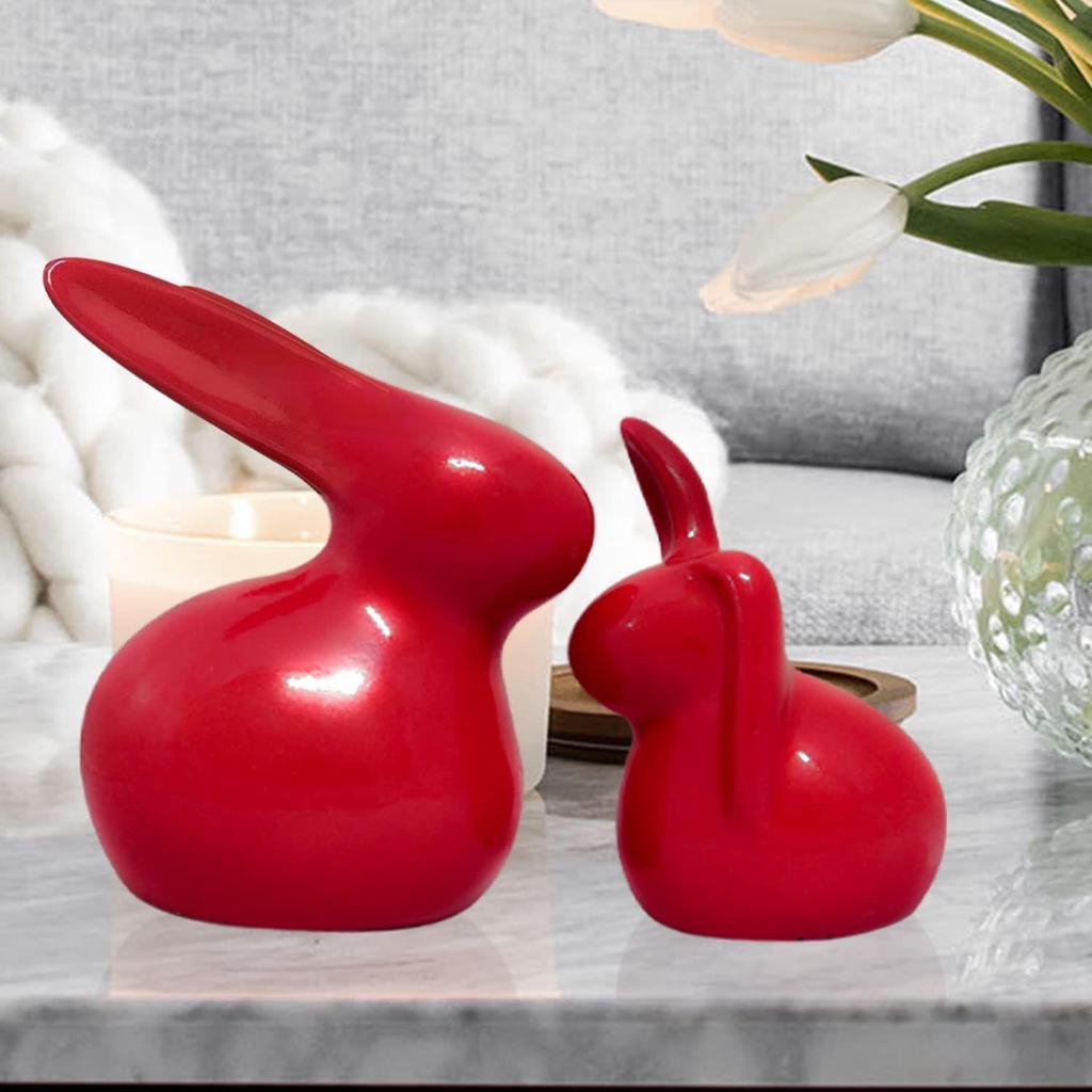Home Décor Ceramic Rabbit Figurines (Set of 2, Red Color)