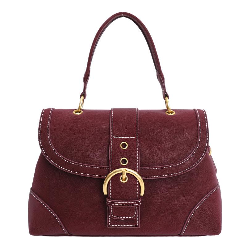 Vintage Suede Handbag Women With Gold Buckle Ctrast Stitching Shoulder Bag Elegant Designer-style Versatile Date Crossbody Bag