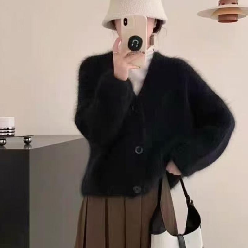 Autumn Winter Lazy Style Thickened Long-sleeve Knitted Cardigan for Women Elegant Slim Casual V-neck Outerwear Sweater