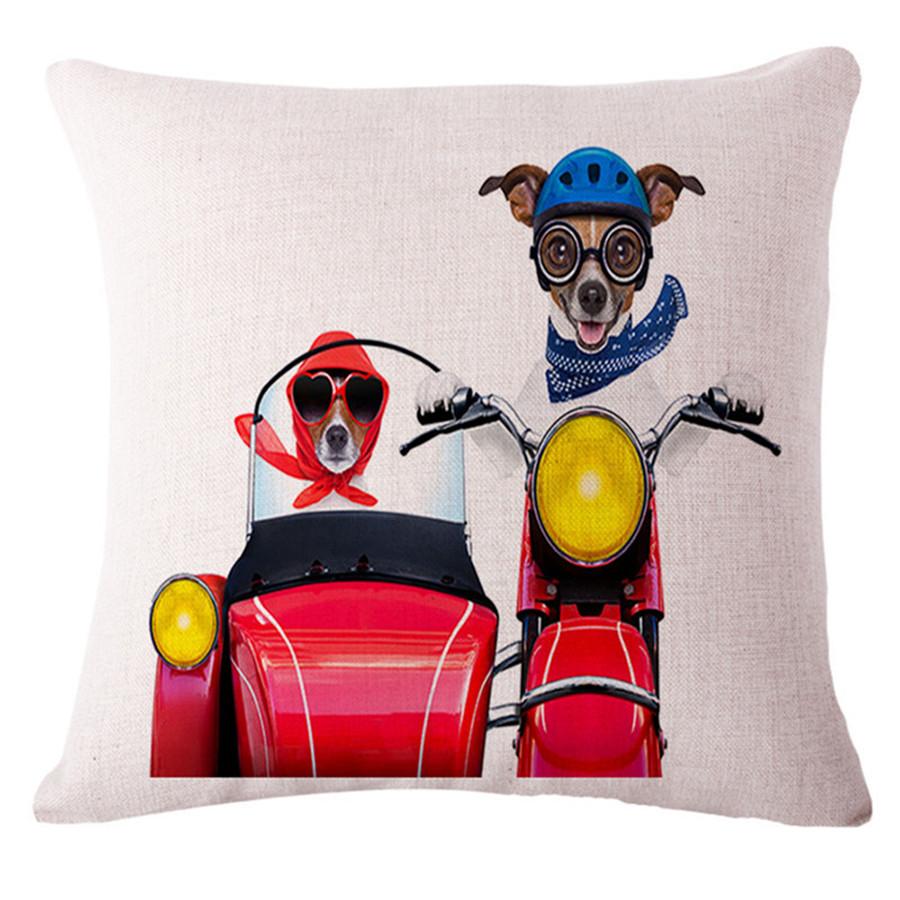 Decorative Dog Cushion Pillows Cartoon Motorbike Surf Dogs Print Cotton Linen Sofa Cushion Trendy Design