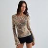 Summer and Autumn New Sexy Spice Girls Style Animal Pattern Printed Off-Shoulder Long Sleeve Waist T-Shirt