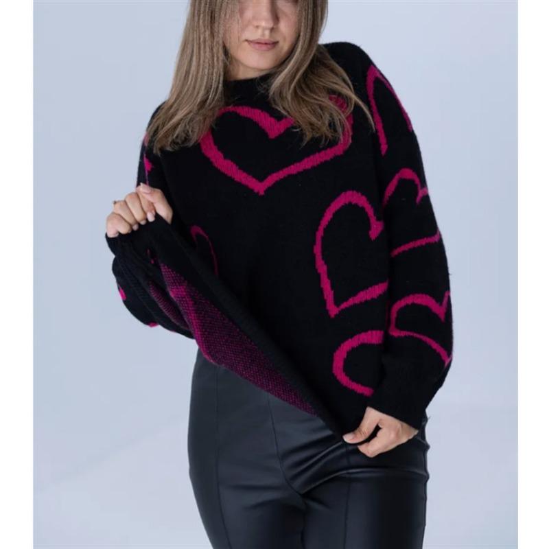 

Autumn and winter new fashion crew neck love contrasting sweater women s loose jacquard pullover knitted sweater S чёрный