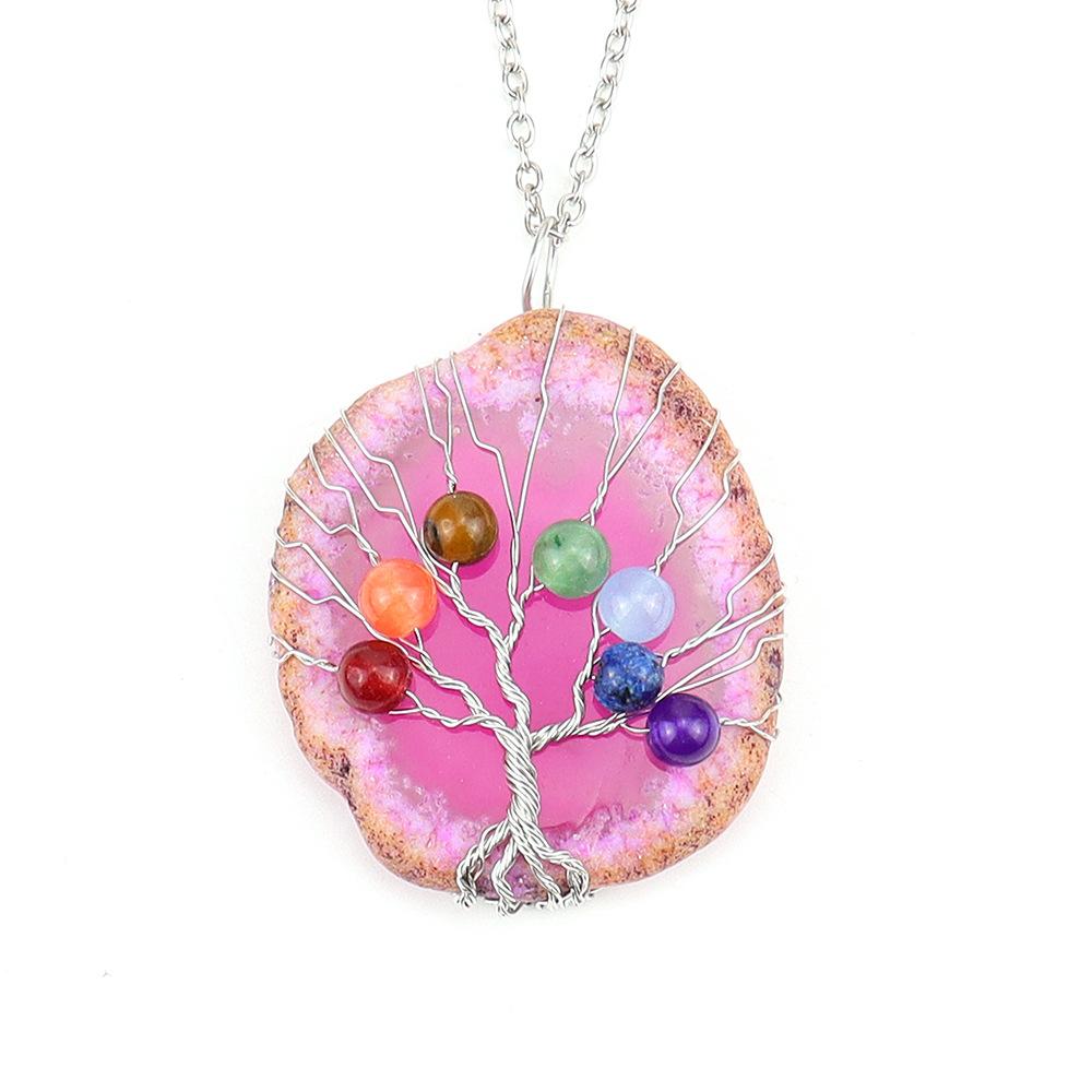 Handmade Silk Winding Tree Of Life Colorful Beads Natural Agate Sheet Pendant Necklace N634