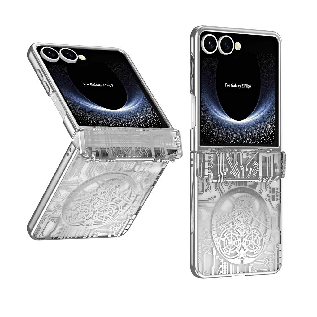 Mechanical Style Phone Case for Samsung Galaxy Z Flip 7 Fe 6 5 4 Flip7 Hinge Protection Clear Cover Luxury Electroplate