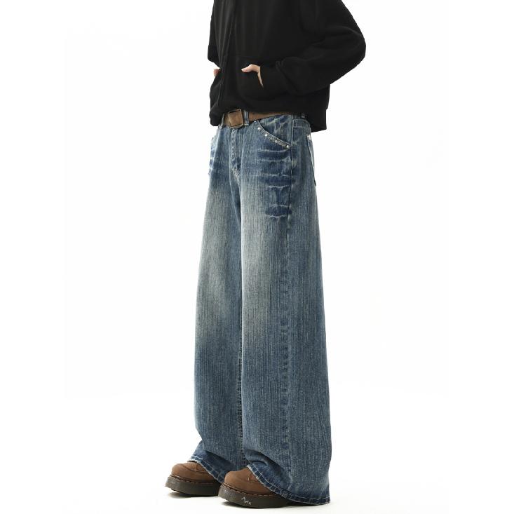 American-Style Retro Rivet Lightning Pattern Jeans Men's and Women's Autumn and Winter Fashionable Washed Distressed Casual Pants Ruan Handsome