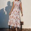 Women's Summer Floral Print Ruffle Dress Boho V Neck Button Sleeveless Waist Tie Tank Dress Vacation Beach Sundress
