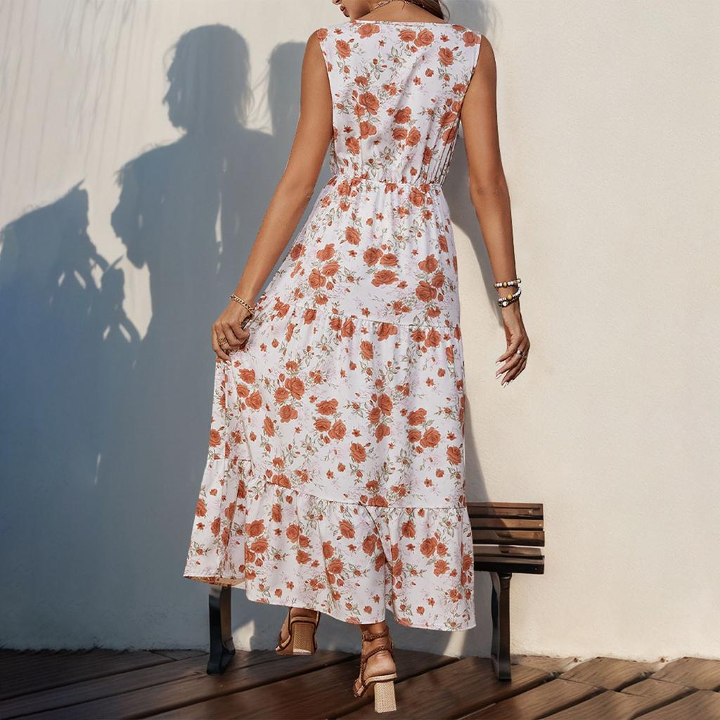 Women's Summer Floral Print Ruffle Dress Boho V Neck Button Sleeveless Waist Tie Tank Dress Vacation Beach Sundress