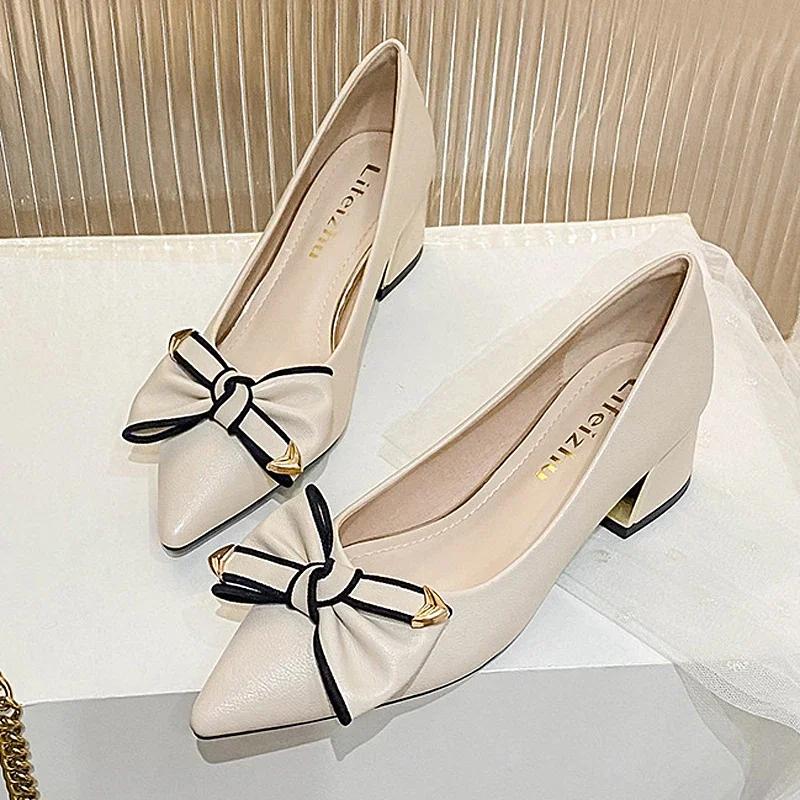 New Women Modern Pumps Spring Summer Girl Pointed Toe Casual Leather High Heels Shoes Fashion Bowknot Wedding Shoes