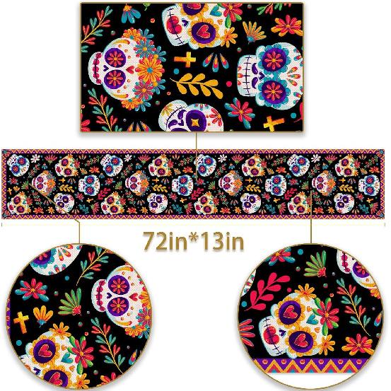 Pudodo Day of The Dead Table Runner Sugar Skull Dia De Los Muertos Mexican Festival Holiday Kitchen Dining Room Home Decoration (13" x 72")