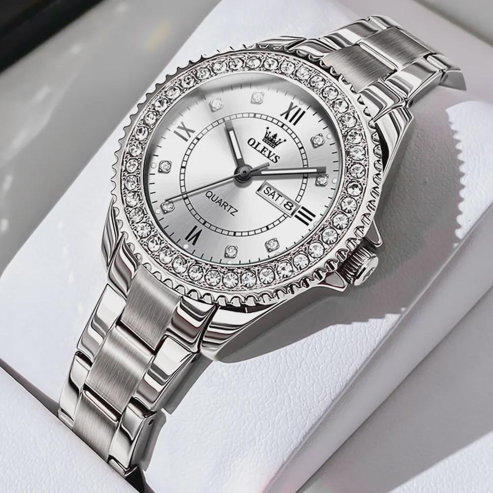 OLEVS Dámské hodinky Módní elegantní originální křemenné náramkové hodinky pro mladé dívky, ciferník s kamínky, datum, den v týdnu, vodotěsné, luminiscenční