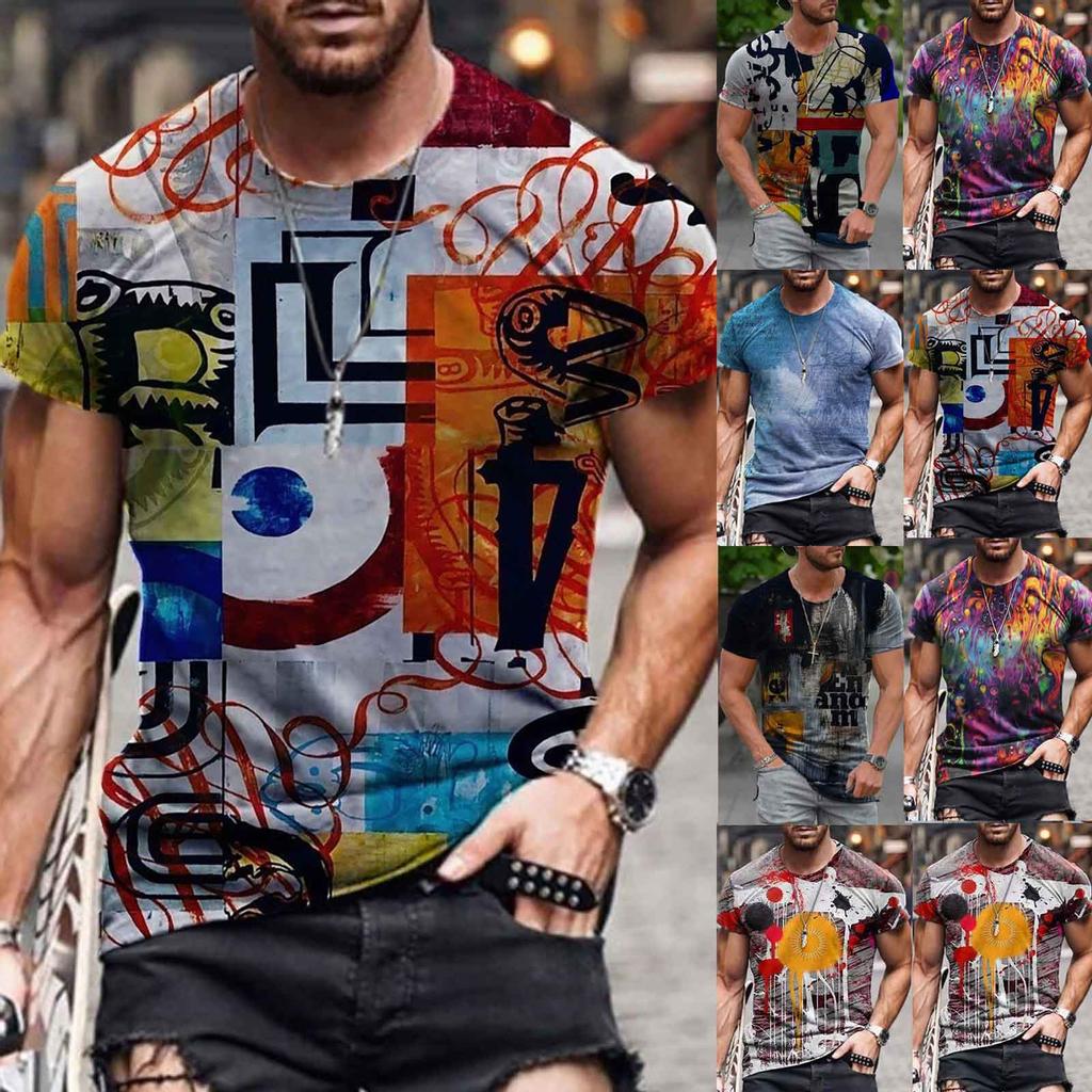Men's Summer Casual 3D Printed Short Sleeve Round Neck Top T-shirt Blouse
