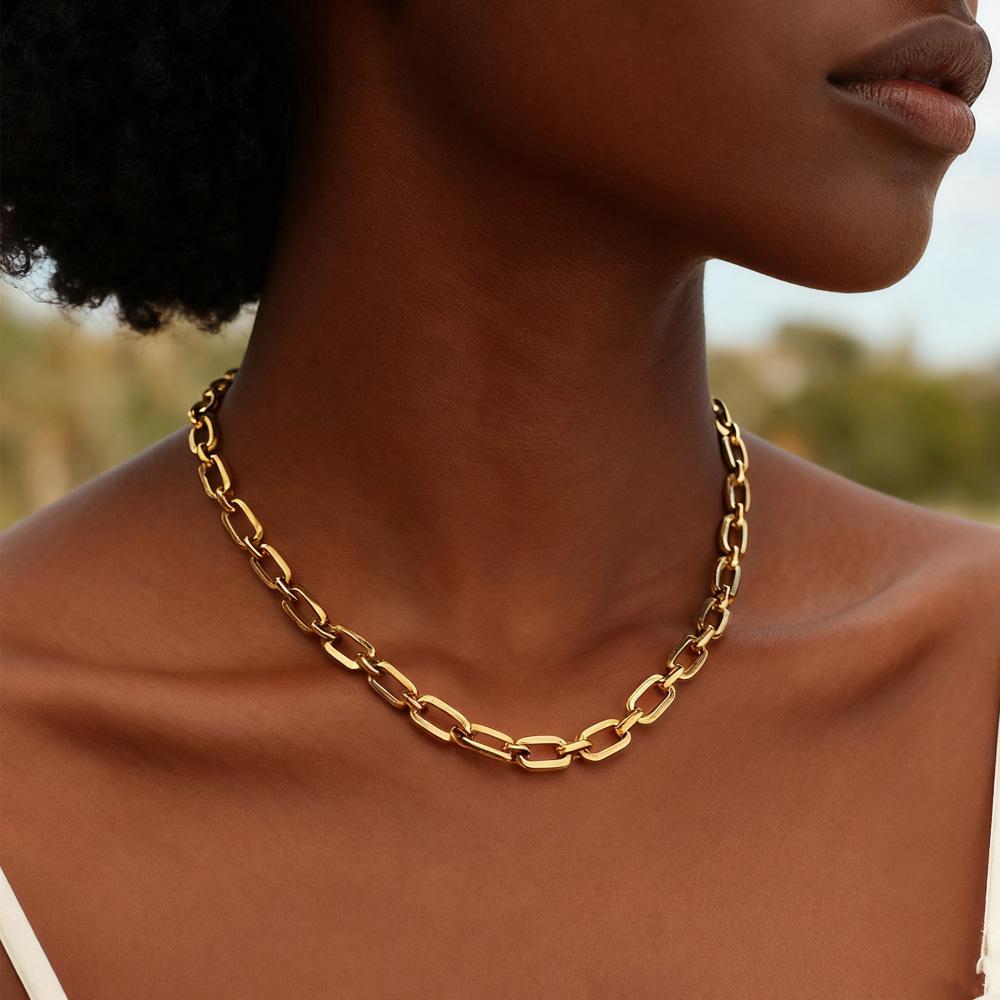 Chunky Gold Plated Link Necklace For Women, Stainless Steel Oval Thick Chain Choker Minimalist Jewelry