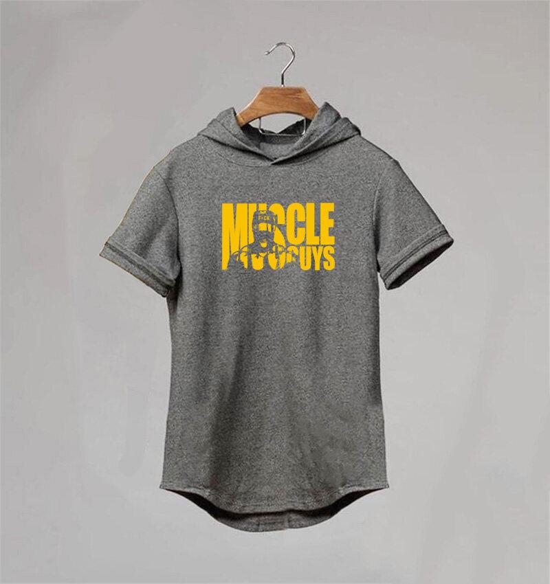 

Muscleguys брендовая одежда Muscleguys с коротким рукавом, приталенная футболка с капюшоном, мужская хлопковая футболка, спортивная одежда для бодибилдинга и фитнеса XXL серый