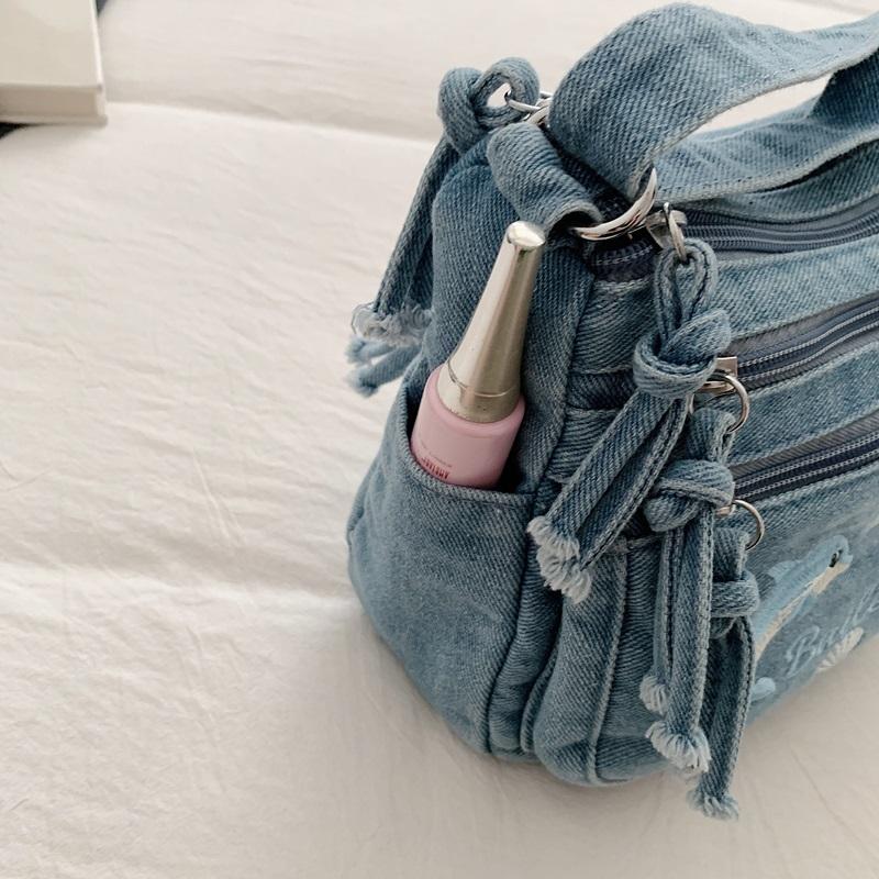 Vintage Denimtasche Damen Mehrschichtig Kleine Tasche Bestickt Schulter Crossbody-Tasche