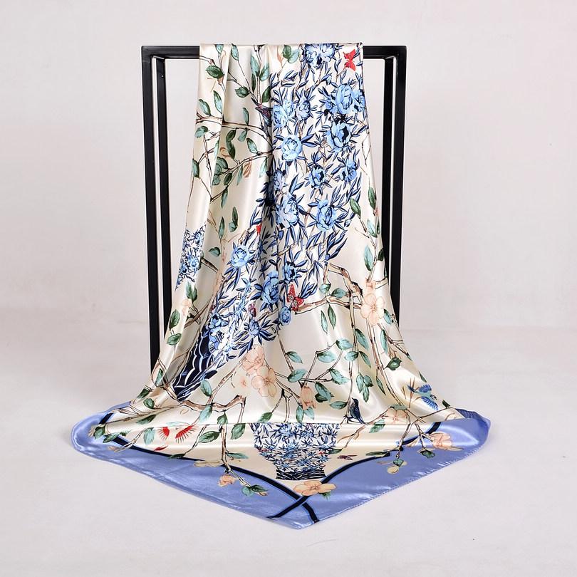 [BYSIFA] Coffee Women Silk Scarf Shawl Winter Elegant Brand Floral Large Square Scarves Wraps Fashion Muslim Head Scarf Blue,Red