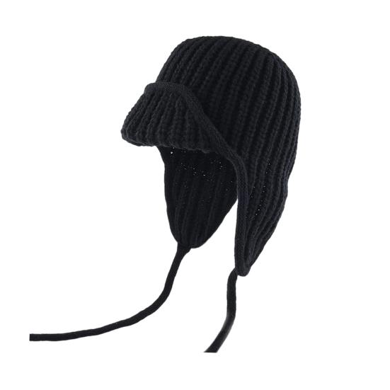 Women Knitting Hat Lace-up Solid Color Ear Protection Winter Elastic Hat Cold Weather Windproof Lei Feng Hat