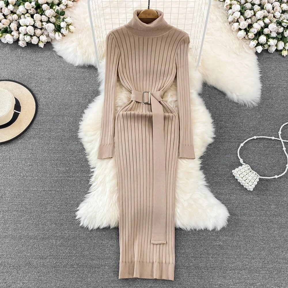 Heißer Rollkragen Sexy Wrap Hüften Gestrickte Kleider Frauen Kleid 2023 Herbst Winter Langarm Bodycon Pullover Kleid mit Gürtel Langarm Wrap Vestidos