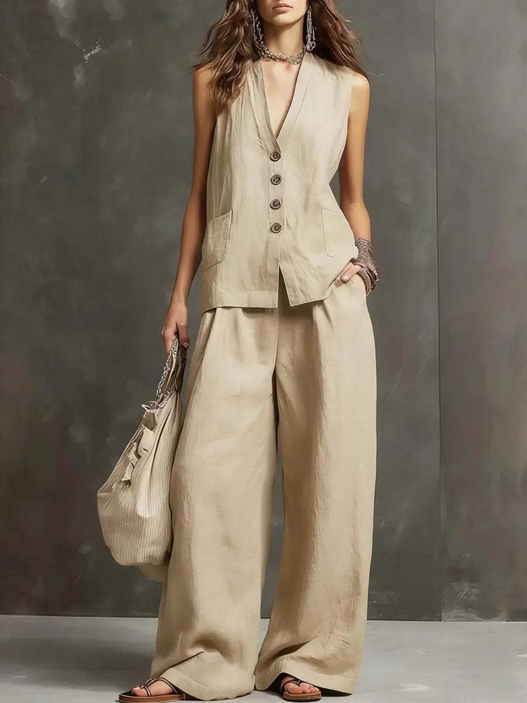 2026 European and American cross-border Amazon new women's sleeveless vest vest wide-leg pants cotton and linen two-piece women's clothing