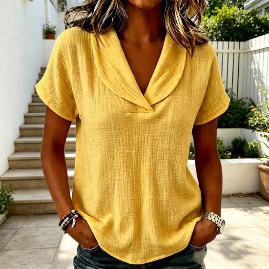 Women V-Neck T-Shirt Short Sleeve Solid Color Summer Blouse Loose Fit Fashionable Collared Casual Tee for Work Party Date Wear