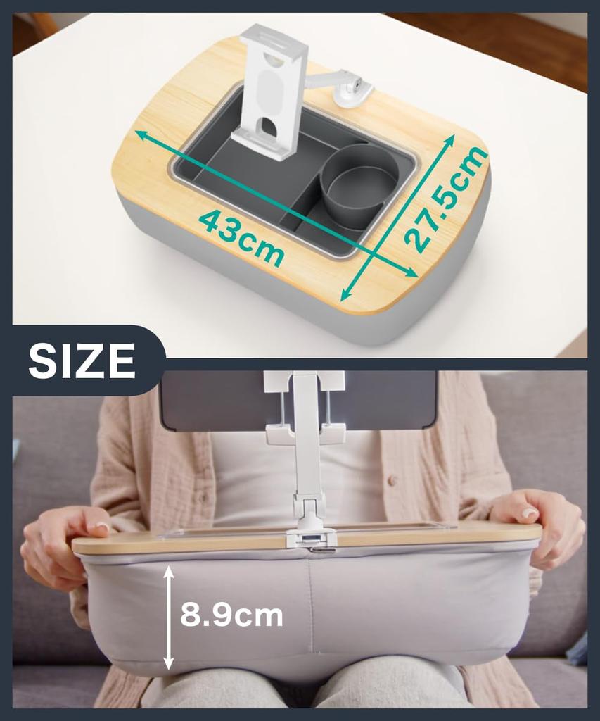 LOE Knee Table with Cup Holder, Table Cushion, Perfect for Car Camping, Snacks, and Drawing, Bead Cushion Knee Desk (Light Gray)