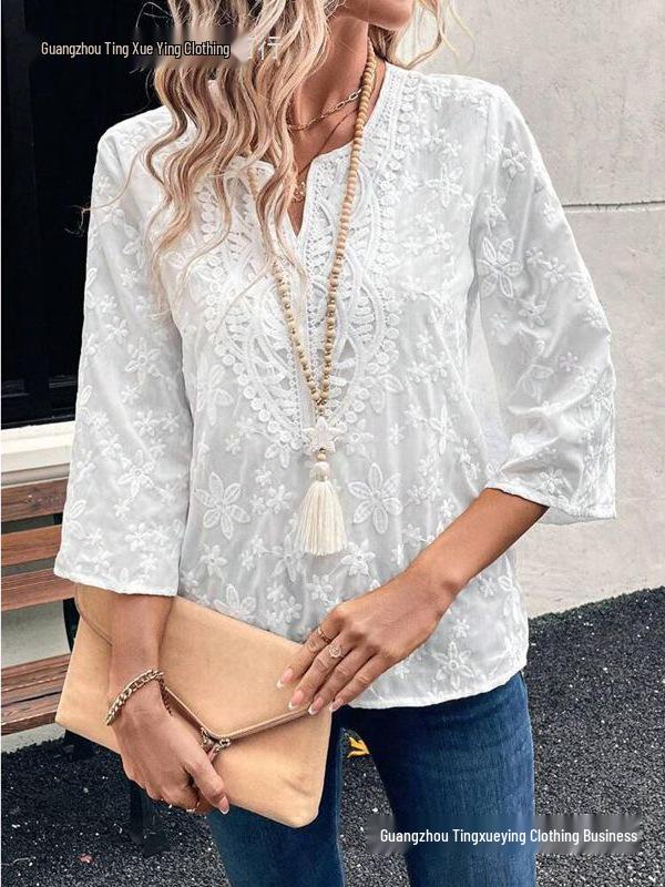 Spring & Autumn Casual Embroidered Lace V-neck Women's Top