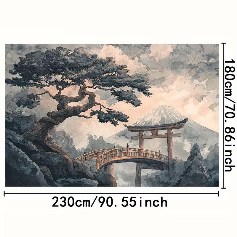 2D Asian Art Backdrop, Watercolor Mount Fuji with Shrine Gate & Pine Tree Banner