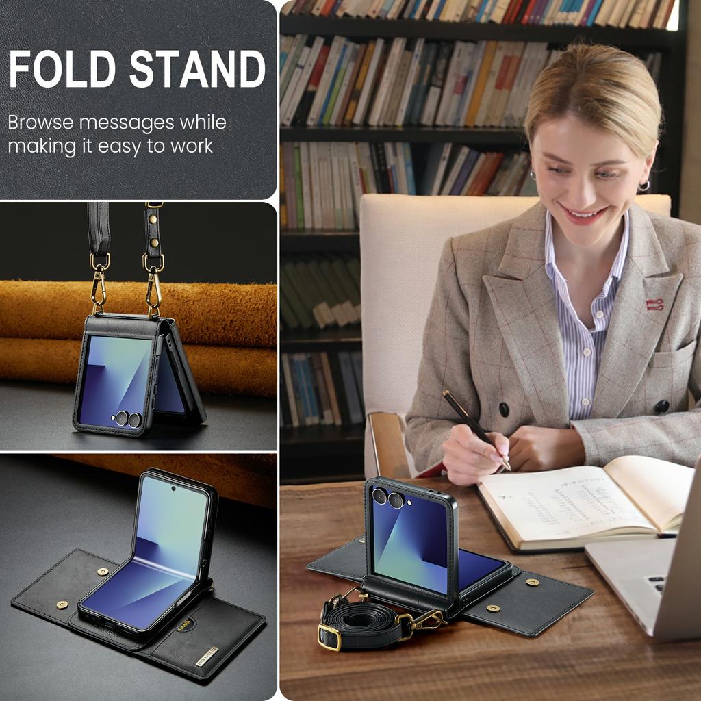 DG.MING M6 Series For Samsung Galaxy Z Flip7 5G Foldable Case PU+PC Phone Cover with Wallet/Shoulder Strap