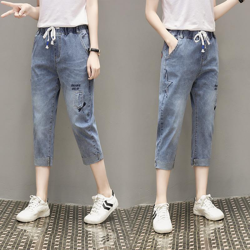 Ethnic Style Embroidered Jeans for Women In Summer Large Size Elastic Waist Loose and Wide Leg Pants