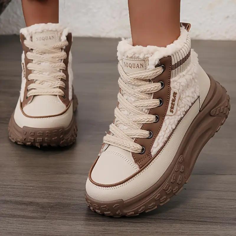 Women'S Warm High-Top Sneakers Faux Fur Lining - Brown Beige Round Toe Thick Sole Casual Comfort Shoes