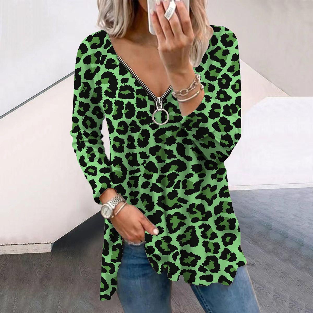 

Жіночі осінні креативні футболки з леопардовим принтом і довгими рукавами, вільні футболки з v-подібним вирізом, плюс розмір, зручна блуза 8XL зелений