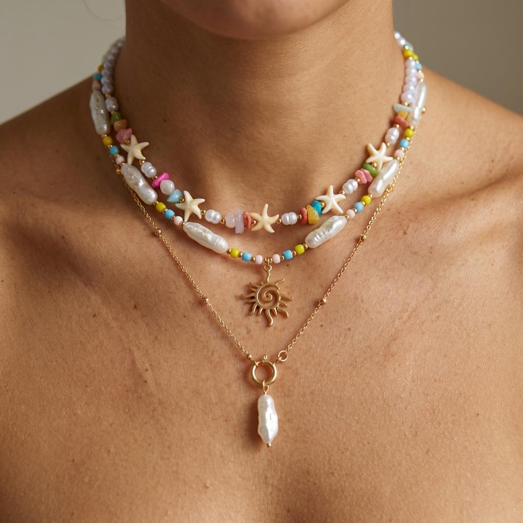 Boho Starfish Shell Rice Beads Clavicle Necklace for Women Luxury Imitation Pearl Conch Sun Layered Chain Party Jewelry Gift
