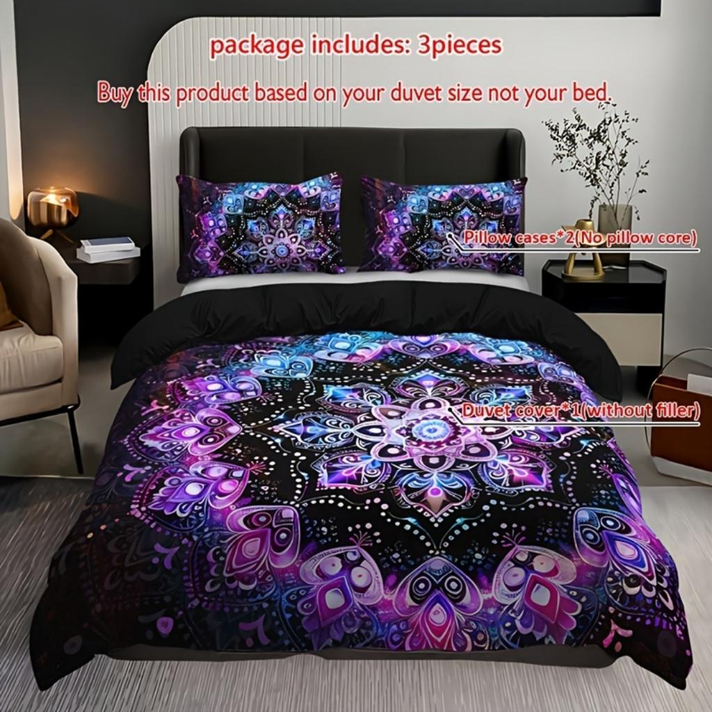 3pcs Purple Bohemian Circle 3D Printed Bedding Set Cozy Soft Duvet Cover King Queen Twin Size Birthday Gift Bedroom Decoration