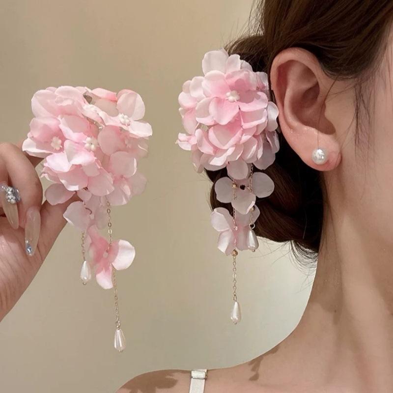 1 2 Pieces Fabric Flower Tassel Pearl Hair Clips for Women Girls Spring Summer Sweet Elegant Accessories for Everyday